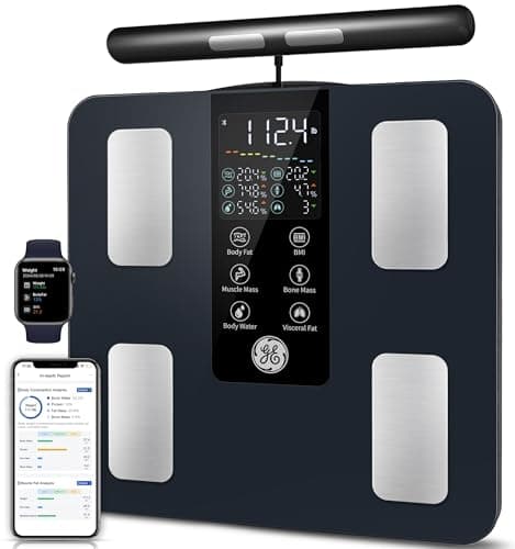 GE Smart Scale for Body Weight: 8-Electrode Digital Bathroom Scale for Weight Fat BMI Muscle Mass Full Body Composition Analyzer 50 Measurements Bluetooth Highly Accurate Weighing 