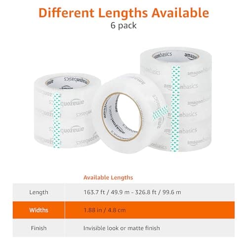 Amazon Basics Packing Tape, Strong & Durable for Moving, Storage, Shipping, Mailing and Sealing, Crystal Clear, 1.88" x 109 Yards, 6-Pack thumbnail 5