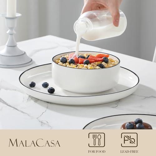 MALACASA Plates and Bowls Sets, 12 Pieces Modern Porcelain Dinnerware Set for 4 White Kitchen Dinner Dining Ware Set wtih Black Rim Ceramic Dishware Dishes Microwave and Dishwasher thumbnail 3