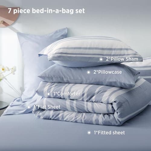 Bedsure Blue Comforter Set, Queen Size Bedding Set, Striped 7 Piece | Bed in a Bag, Bedroom, Plaid, Nautical, Cationic Dyeing, Gift Choice, Whisper-Quiet, OEKO thumbnail 2
