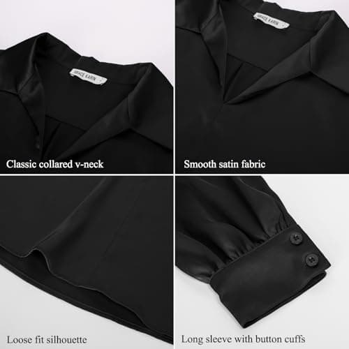 Women's Satin Silk Shirts Long Sleeve Casual Work Blouse Collared V Neck Top Fall Dressy Tops Black S thumbnail 7