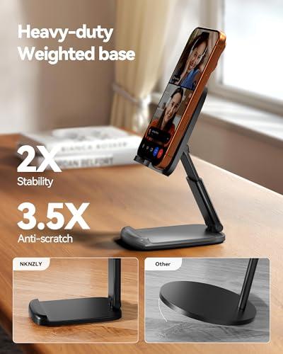 2 Pack Cell Phone Stand for Desk, iPad Stand [Height Adjustable & Upgraded Stable Base] Foldable & Non-Slip Silicone Pad Phone Holder, iPhone Stand for All Smartphones, iPad | Offi