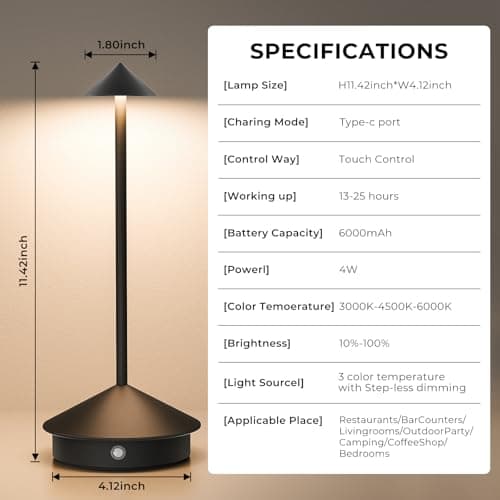 Miniatura de Paquete de 2 Lámparas de Mesa Inalámbricas Recargables 6000mAh, Portátiles con 3 Tonos Regulables para Hogar, Exteriores y Negocios 2