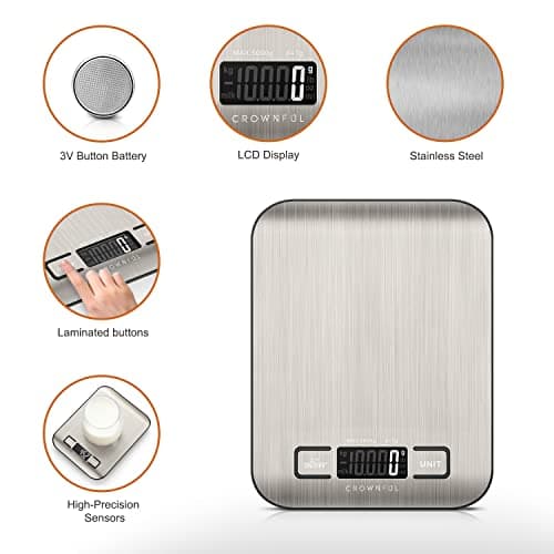 CROWNFUL Food Scale, 11 lb Digital Kitchen Scales with Built-in Coin Battery, Weight Ounces and Grams for Cooking and Baking, 6 Units with Tare Function, LCD Display, 304 Stainless thumbnail 4
