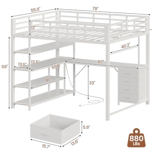 Miniatura de Cama Loft Matrimonial UPOSOJA con Escritorio en L, Cajonera, Estantes, Luz LED y Contactos 2