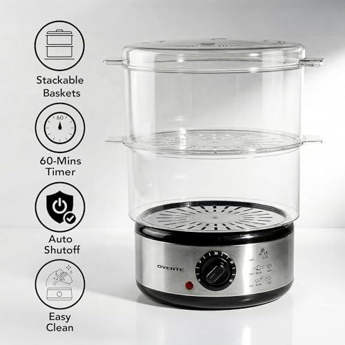 OVENTE 2-Tier Electric Food Steamer, 5 Quart Stainless Steel Stackable Steam Cooker with 400W Power, 60-Minute Timer & Auto Shut-Off, Dishwasher Safe, Healthy Vegetable & Seafood S thumbnail 4