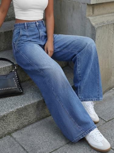 Trendy Queen Women's Wide Leg Jeans with Side Pleats - Baggy Casual Denim Pants in Soft, Drapery Fabric Blue 4 thumbnail 5
