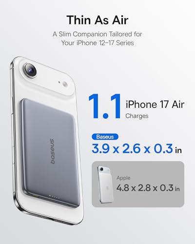 Baseus Picogo Power Bank, 0.3" Ultra Slim 5000mAh MagSafe Portable Charger, Card-Size Magnetic Battery Pack with USB-C Braided Cable, Alloy Wireless Charger for iPhone 17 Pro Max/1 thumbnail 5