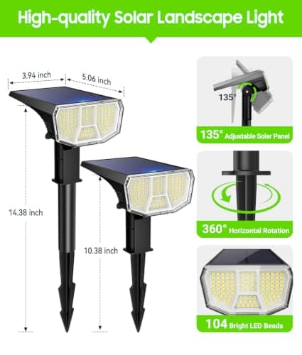 LETMY 6 Pack Solar Spot Lights Outdoor, 104 LED Solar Spotlights, IP65 Waterproof Solar Powered Outdoor Lights, Auto On/Off, Solar Lights Outdoor for Yard, Garden, Patio, Wall, Tree & Flag, Cool White