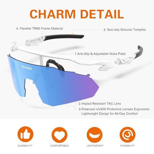 suoso Sports Cycling Sunglasses for Men: Lightweight UV Protection Polarized Sun Glasses for Youth Baseball Softball Running thumbnail 5