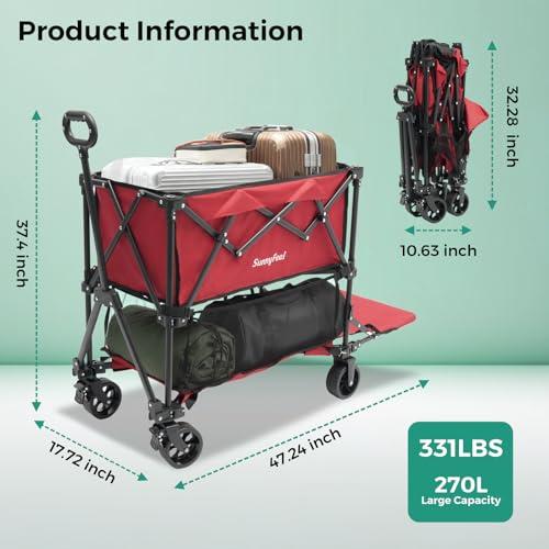SUNNYFEEL Lightweight 47''L Double Decker Wagon for Sport, 270L Collapsible Wagon Cart,331lbs Collapsible Outdoor Utility Wagon Cart for Shopping Garden Camping,Red-Lightweight thumbnail 3