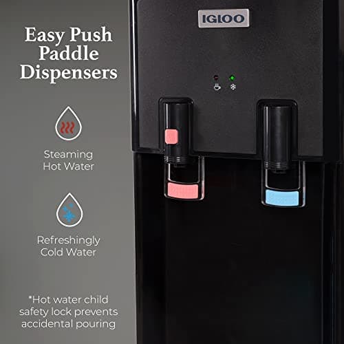 Igloo Top Loading Water Cooler with Removable Tray & Energy-Saving Features - Water Tower with Hot, Cold Temperature Settings- Water Dispenser Fits 3 & 5-Gallon Jugs with Child Saf