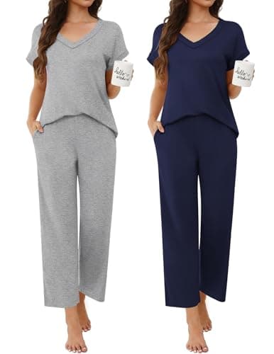 Ekouaer: 2 Pares de Pijamas y Loungewear para Mujer, Cuello V y Manga Corta