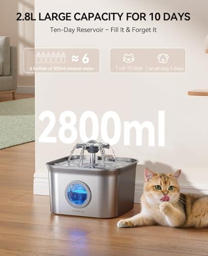 Stainless Steel Cat Water Fountain, 2.8L with 20dB Ultra-Quiet Pump- Ideal for Timid Pets, LED Water Level Window, Dishwasher Safe, 24/7 Circulation- Includes 3 Replacement Filters thumbnail 7