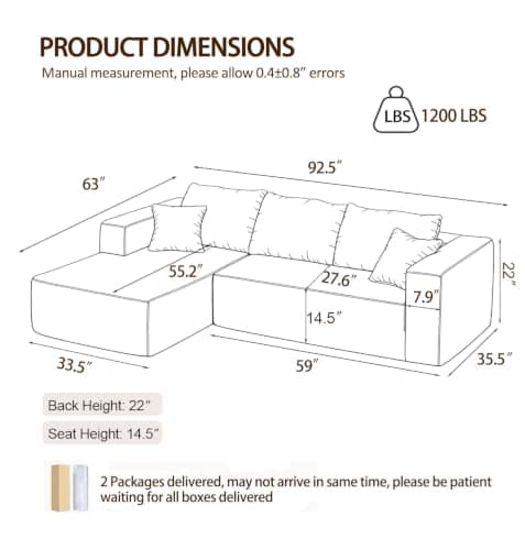 92.5" Modular Sectional Sofa, L-Shaped Cloud Couch with Deep Seats and Chaise, Upholstered Corduroy Boneless Couch for Living Room Small Space, No Need Assembly - Black(Left Facing Chaise)
