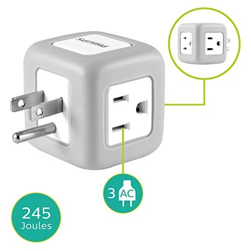 Philips 3-Outlet Extender, Surge Protector, Charging Station, Grounded Wall Tap, 3-Prong, Space Saving Design, Gray, SPP3002GR/37 thumbnail 2