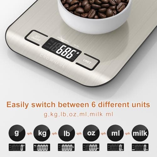 CROWNFUL Food Scale, 11 lb Digital Kitchen Scales with Built-in Coin Battery, Weight Ounces and Grams for Cooking and Baking, 6 Units with Tare Function, LCD Display, 304 Stainless thumbnail 2