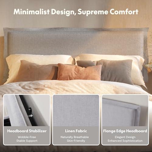Cama Queen FLEXISPOT Tapizada con Cabecera Ajustable, Puertos USB/Tipo-C y 900 lbs – Gris Claro