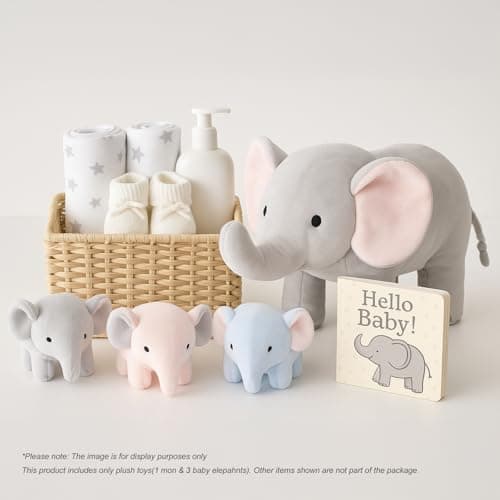 WEIGEDU Elephant Plush Toy Set – 4-Piece Stuffed Animal Family with Zipper Storage | Soft Elephant Dolls for Toddlers & Kids | Grey, Blue, Pink Nursery Decor