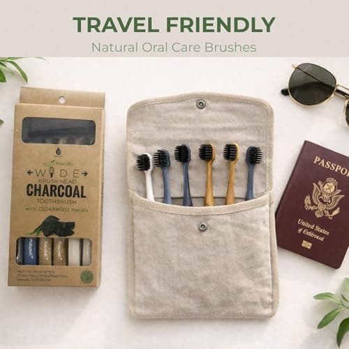 Pursonic Wide Head Toothbrush Set with Cedarwood Wooden Handle & Soft Charcoal Bristles - Travel Friendly Natural Oral Care Brushes with Comfortable Grip Design for All Age Groups  thumbnail 5