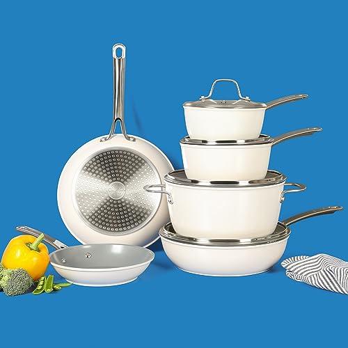 Sur La Table Kitchen Essentials 10 Piece PFA Free Non-Toxic Titanium Ceramic Nonstick Interior Forged Aluminum Cookware Pots and Pans Set - Linen White - Induction Compatible thumbnail 6