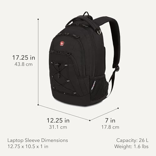 SwissGear Bungee Core Laptop Backpack, Fits Most 13-Inch Laptops, Airflow Back Panel, Reflective Accents, and Bungee Cord System, Black, 26L, 17.25-Inch