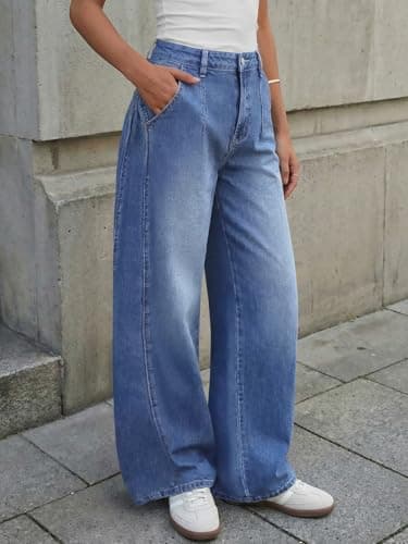 Trendy Queen Women's Wide Leg Jeans with Side Pleats - Baggy Casual Denim Pants in Soft, Drapery Fabric Blue 4 thumbnail 3
