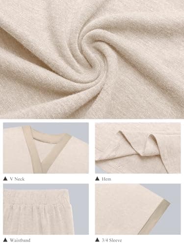 GKBK Womens Two Piece Outfits Pajama Sets 3/4 Dolman Sleeve V Neck Sleepwear Nightwear Loungewear Matching Pjs 2 Piece Lounge Set Lightweight Loose Sweatsuit Fashion Ooutfit Beige  thumbnail 4