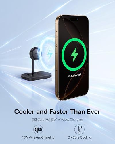 Baseus Qi2 15W 3-in-1 Charging Station, Magnetic Wireless Charger Stand with TEC Cooling, MagSafe-Compatible iPhone Charger for iPhone12-17 Series, AirPods, Apple Watch (45W Adapte