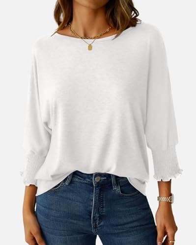 NORACORA Women's 3/4 Sleeve Tops Loose Fit Shirts Dressy Casual Crew Neck T Shirts for Women Basic Tees Shirt with Smocked Cuffs 2025 Fall Fashion Blouse White XS thumbnail 2