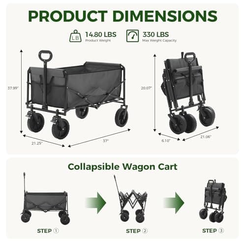 DUMOS Collapsible Wagon Cart, Heavy Duty Foldable Utility Wagon with Lockable Brake Wheels – 330 lbs Capacity, Flexible Handle for Beach, Garden, Sports, Grocery & Camping, Gray thumbnail 3