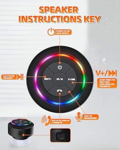 Waterproof Bluetooth Shower Speaker, Portable Wireless Speaker with Suction Cup, Small Portable Wireless Outdoor Speakers, 6 Mode RGB Lights, for Shower Bathroom Pool Beach, Gift I thumbnail 6