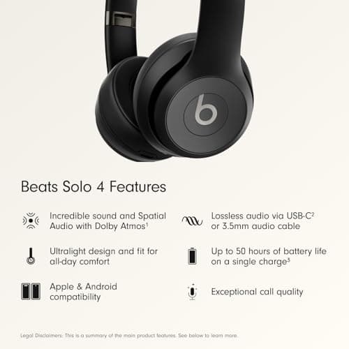 Beats Solo 4 - Wireless On-Ear Bluetooth Headphones, Up to 50-Hour Battery Life, Ultra-Lightweight Comfort, Powerful and Balanced Sound, Apple & Android Compatible - Matte Black thumbnail 2
