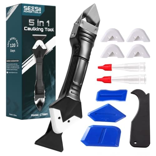SEESII Caulking Tool 5-in-1,Caulking Grout Removal Tool Kit | Silicone Caulk Scraper Tool with 5 Replaceable Pads,3 Sealant Finishing Tools, 2 Nozzles for Kitchen Bathroom Sink Toilet