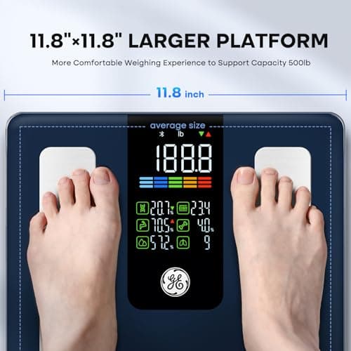 Miniatura de Báscula Inteligente GE para Composición Corporal, Peso e IMC | Medición de Grasa y Masa Muscular, Digital para Baño, Capacidad 500 lb, Sync Bluetooth 3
