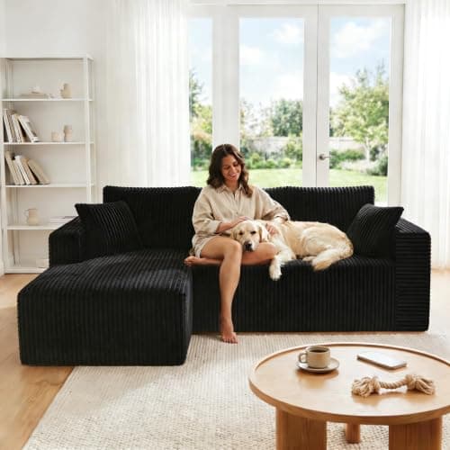 92.5" Modular Sectional Sofa, L-Shaped Cloud Couch with Deep Seats and Chaise, Upholstered Corduroy Boneless Couch for Living Room Small Space, No Need Assembly - Black(Left Facing Chaise)