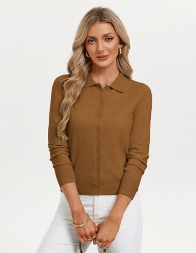 GRACE KARIN Cardigan Sweaters for Women Lapel Collar Cardigans,Caramel,M