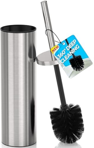 Cepillo y Soporte DOWRY para Inodoro de Acero Inoxidable 304 Plata | Limpieza Profunda con Mango Largo y 2 Cabezales