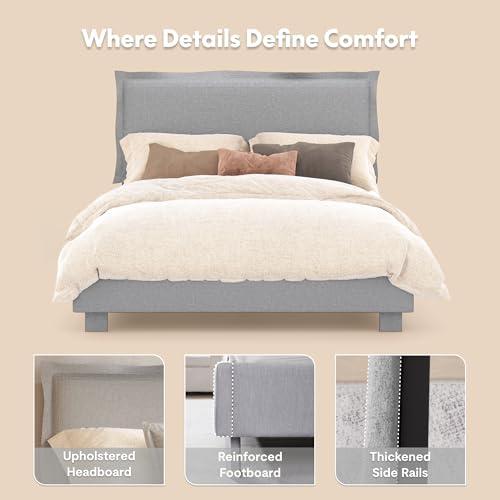 Cama Queen FLEXISPOT Tapizada con Cabecera Ajustable, Puertos USB/Tipo-C y 900 lbs – Gris Claro