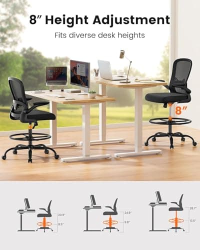 ErGear Drafting Chair, Standing Desk Chair with Flip-Up Armrests, High Desk Chair Adjustable Height, Ergonomic Tall Office Chair with Lumbar Support and Adjustable Footrest Ring thumbnail 5