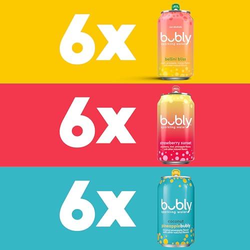 Agua Mineral bubly: Paquete Surtido 3 Sabores (Bellini, Fresa Atardecer, Coco Piña) – 18 Latas, Cero Azúcar y Calorías