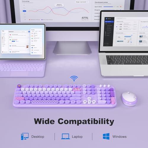 MOFII Wireless Keyboard and Mouse Combo, Full Size 2.4G Plug and Play Typewriter Retro Round Computer Keyboard and Mouse Set for Windows, Computer, Desktop, PC, Notebook - (Purple 