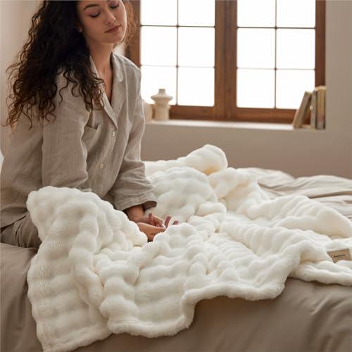 Bedsure 3D Fleece Bubble Blanket for Couch - GentleSoft White Spring Throw Blanket for Sofa Bed Room Decor - Luxury Soft Cozy Blanket Gifts for Kids, Lightweight, Off White, 50"×60 thumbnail 4