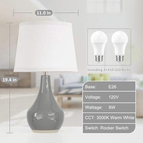Seealle Modern Ceramic Table Lamps for Night Stands - Bedside Lamps Set of 2 for Nightstand, 19.4" Grey Bedroom Lamp for Living Room Cute Desk End Table Office Guest Room Dresser R thumbnail 5