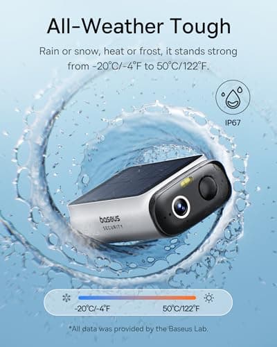 Baseus Solar Security Cameras Wireless Outdoor S1 Lite, 2K QHD Solocam, Continuous Power, Color Night Vision, AI Human Detection, IP67, No Monthly Fee, Local Storage, Works with Al