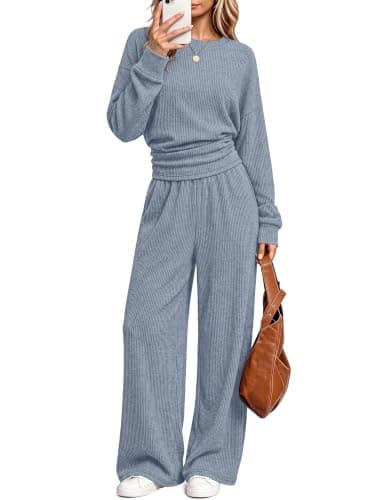 Two Piece Sets for Women Y2K Matching Set Cute Fall Clothes Winter Blue M | 2 piece sets for women, airport travel outfit, lounge sets, going out, cinched waist crop tops, wide leg pants, holiday
