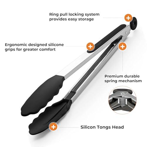 FINENUT Stainless Steel&Silicone Food Tongs Set of 2 (9+12 Inch)-BPA-Free&Non-Toxic Heat Resistant Non-Scratch BBQ&Cooking Tools,Strong Grip Locking for Grilling,Air Fryer,Salad,Di