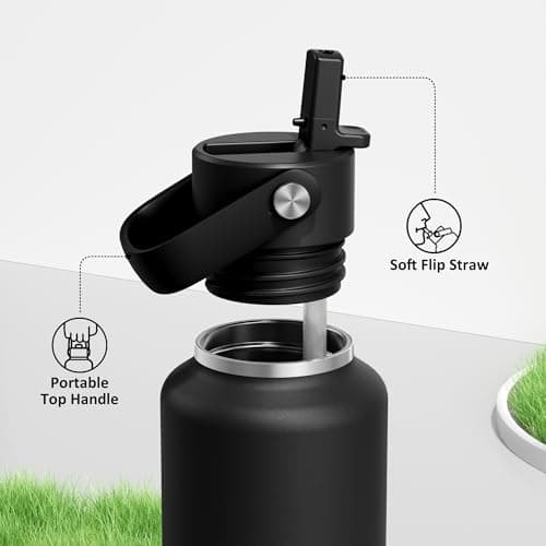 Miniatura de Botella de agua aislada POWCAN de 24 oz con popote: a prueba de fugas, mantiene frío 24h, ideal para portavasos (Negro) 3