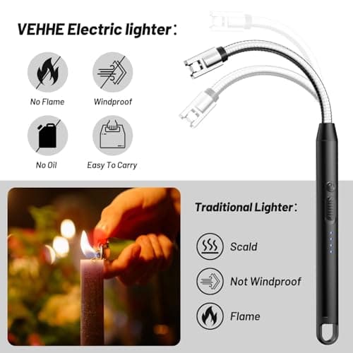 VEHHE Electric Lighter with 360° Flexible Neck, Flameless Windproof Long Candle Lighter with Led Battery Display, USB C Rechargeable with Hanging Hook for Gifts BBQ Fireworks (Blac thumbnail 2