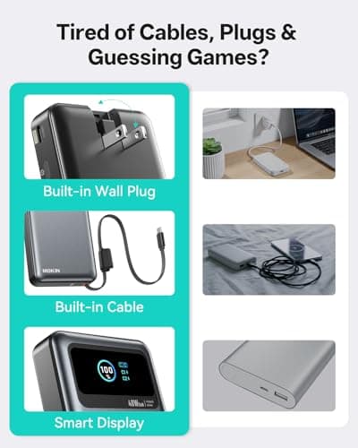 MOKiN 3-in-1 Power Bank,10000mAh 40W Portable Charger with Foldable Plug,Built-in USB-C Cable & LCD Display,Travel Essential Phone Fast Charging Battery Pack,for iPhone 17/16,Samsung etc thumbnail 3